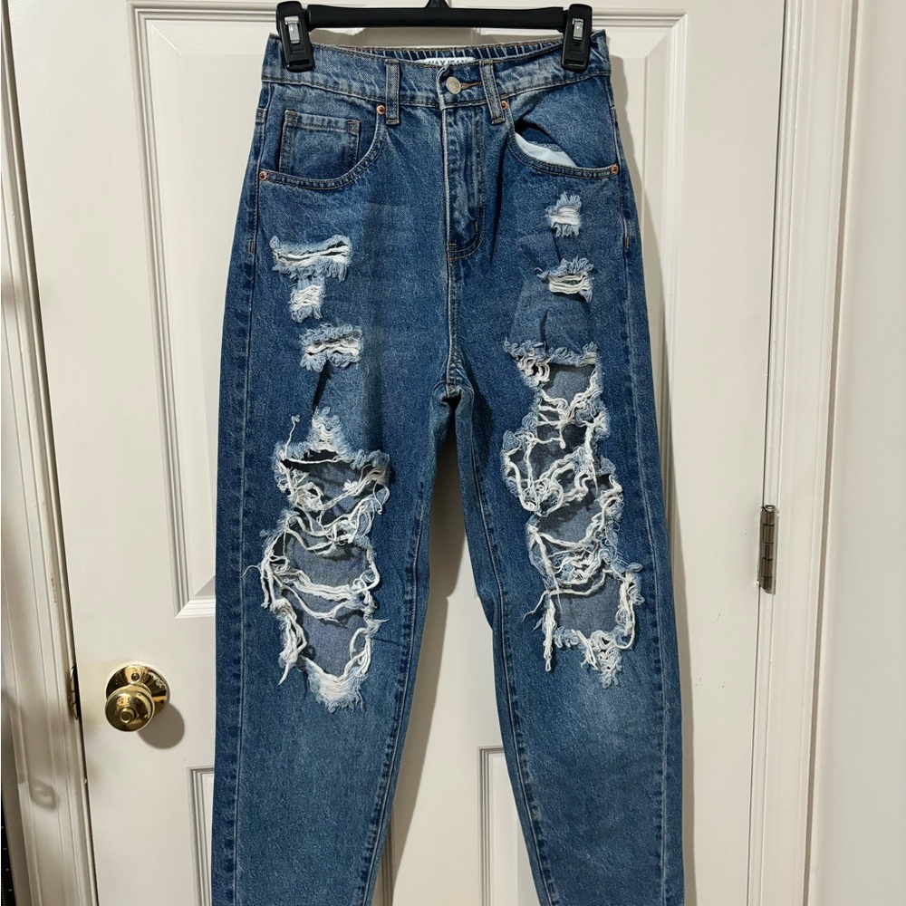 Wax Jean Distressed Blue Denim Jeans